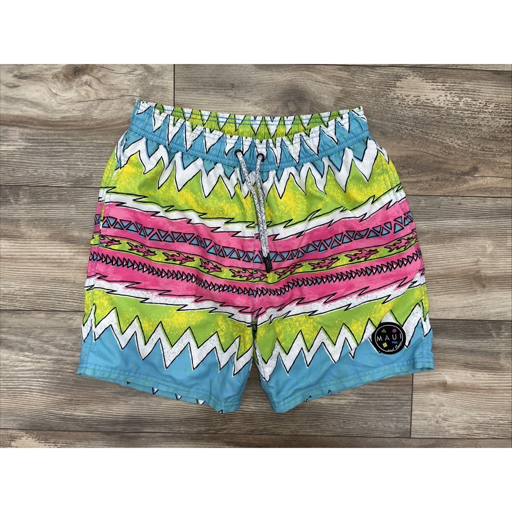 Maui and Sons Swim Trunks Mens S Geometric 90s Vintage Style Board Shorts Multi